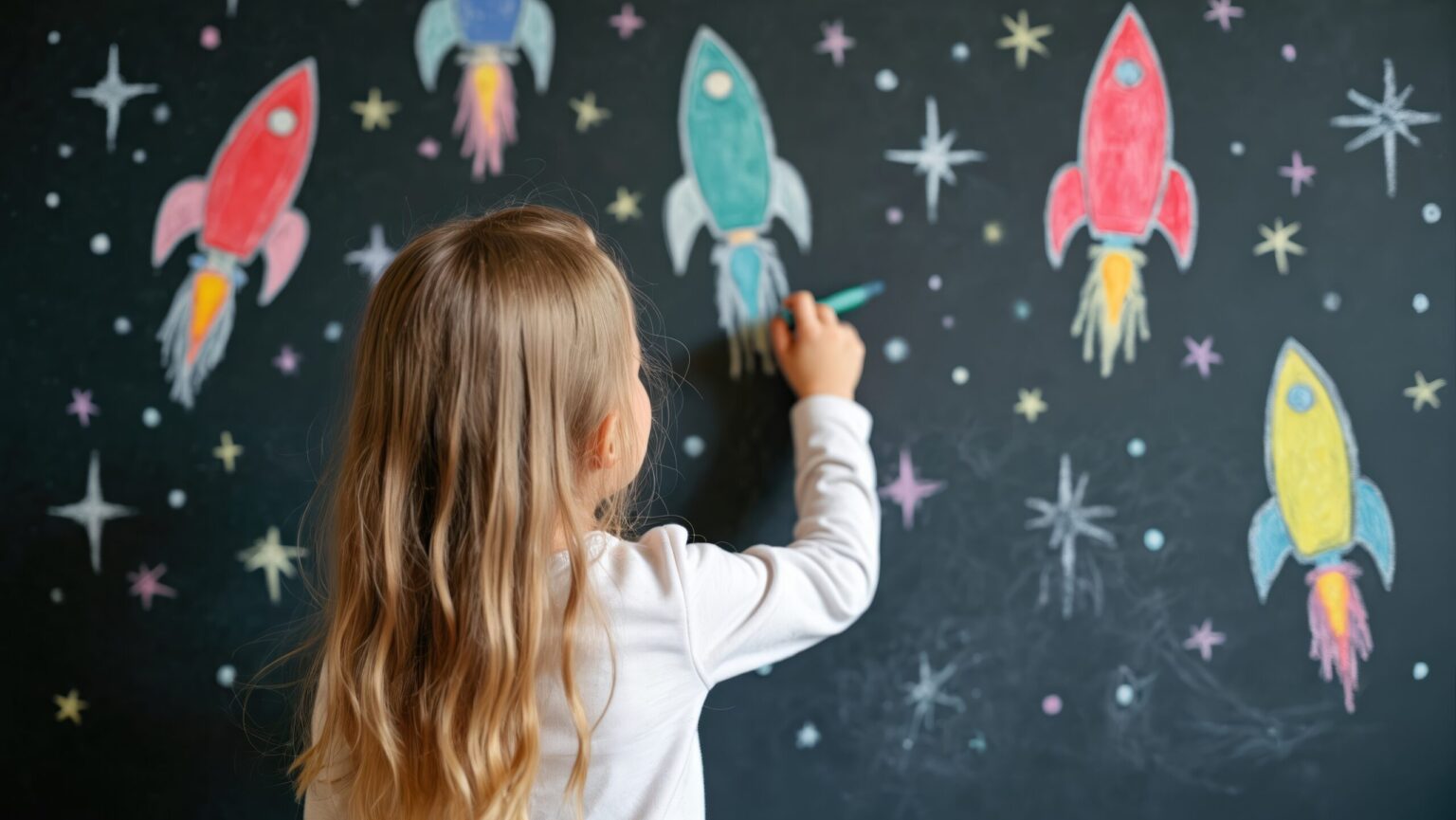 Liten jente tegner raketter og stjerner med kritt på tavlen. Jenta lager fargerik kunst inspirert av verdensrommet. Foto