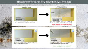 Sammenligningsbilde fra muggtest av Q-FIELD™-belegg (MIL-STD-802). Øverst vises prøve av tak- og veggmaling uten Q-FIELD™ ved teststart og etter to måneder, med tydelig og omfattende muggvekst etter inkubasjon. Nederst vises tilsvarende maling med 5 % Q-FIELD™, ved teststart og etter samme periode, uten synlig muggvekst. Bildet illustrerer at maling med Q-FIELD™ motstår mugg, mens maling uten viser kraftig vekst. Foto.